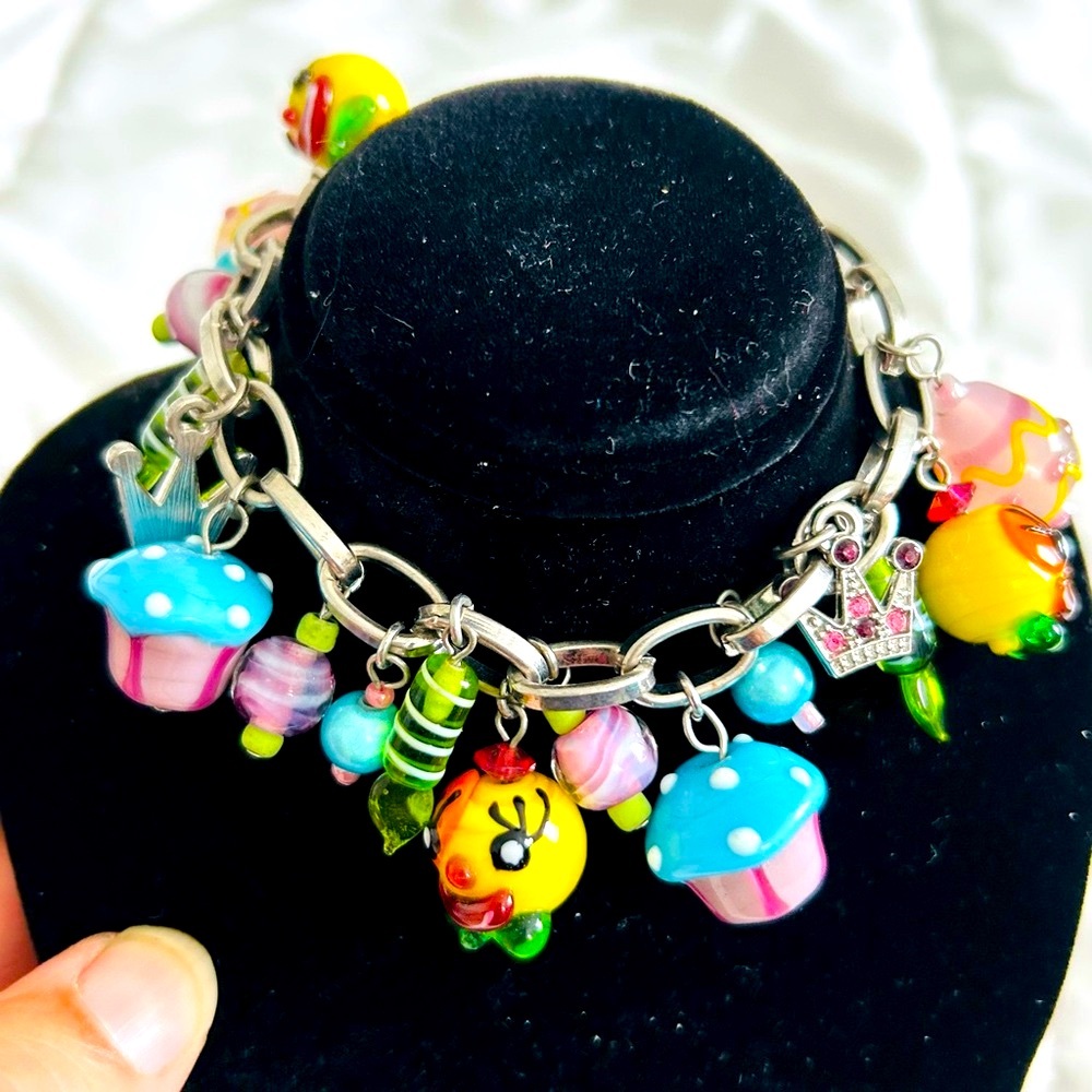 Colorful Glass Cupcakes, Clowns and Bobbles - Hand Blown Glass Charm Bracelet